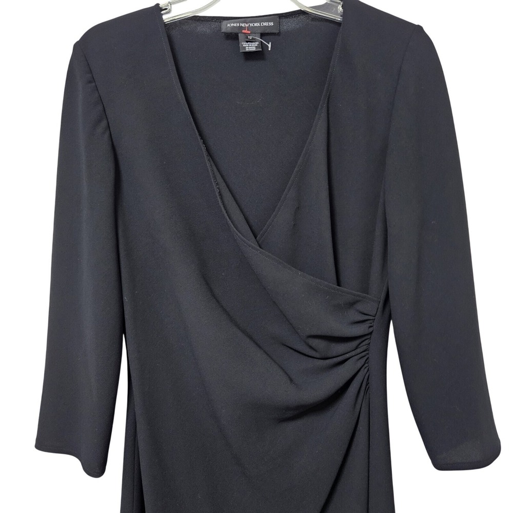 Jones‎ New York Dress Women 12 Black Faux Wrap Midi Sheath 3/4 Sleeve Ruched